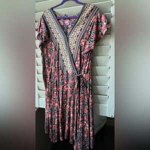 Angie - 1X - Ruffle Sleeves - Wrap Dress - Black/Orange/Green - Snap Closure